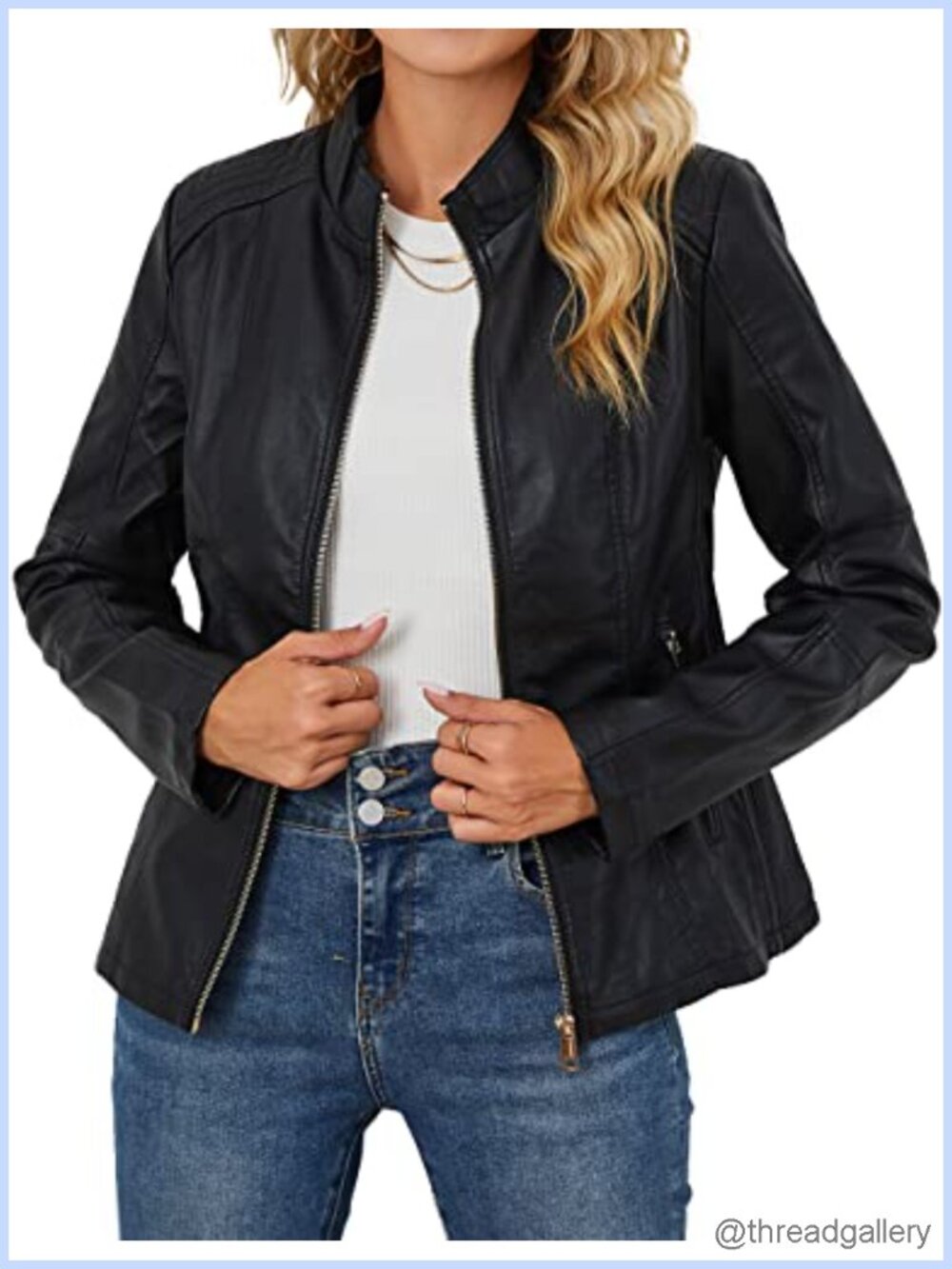 Faux Leather Motorcycle Jacket Women Moto Biker Stand Collar Zip